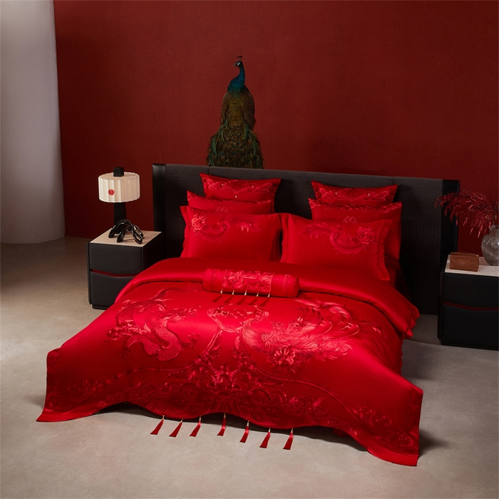 91家纺网 家纺一手货源 找家纺 宏羽纺家纺 2025新款全棉100%全棉新中式婚庆多件套 全棉一龙凤盛典-红