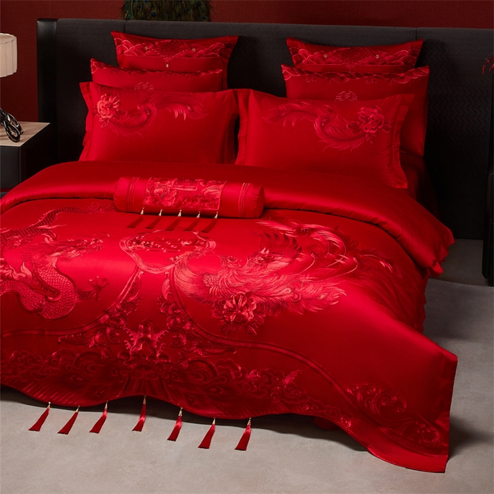 91家纺网 家纺一手货源 找家纺 宏羽纺家纺 2025新款全棉100%全棉新中式婚庆多件套 全棉一龙凤盛典-红