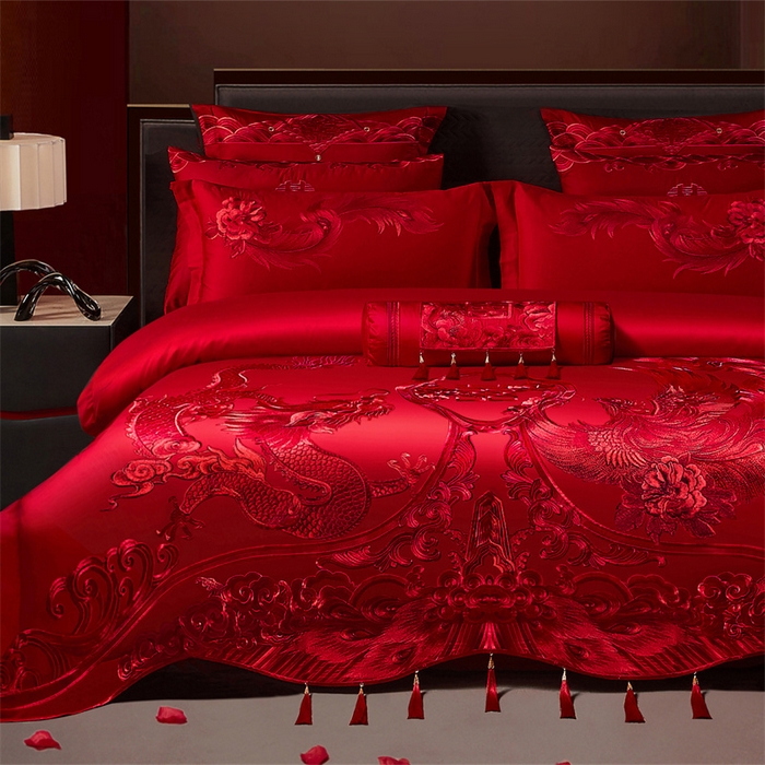 91家纺网 家纺一手货源 找家纺 宏羽纺家纺 2025新款全棉100%全棉新中式婚庆多件套 全棉一龙凤盛典-红