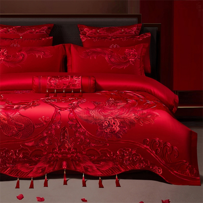 91家纺网 家纺一手货源 找家纺 宏羽纺家纺 2025新款全棉100%全棉新中式婚庆多件套 全棉一龙凤盛典-红