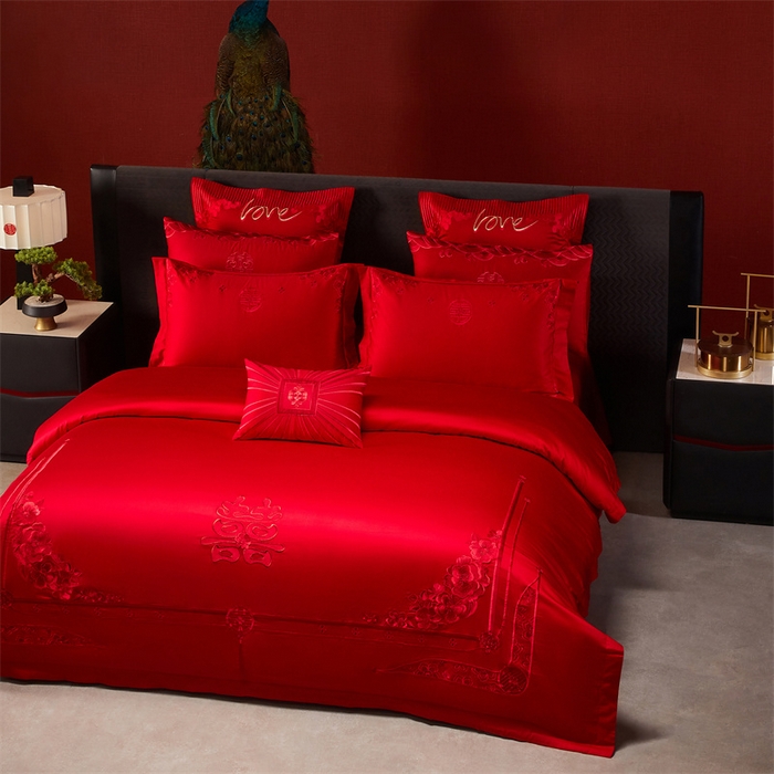 91家纺网 家纺一手货源 找家纺 宏羽纺家纺 2025新款全棉100%全棉新中式婚庆多件套 全棉一嫁娶