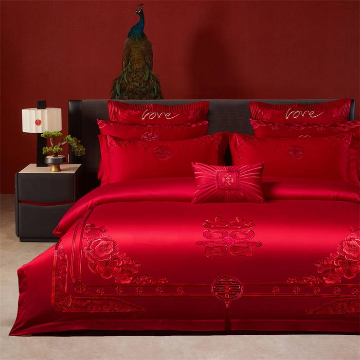 91家纺网 家纺一手货源 找家纺 宏羽纺家纺 2025新款全棉100%全棉新中式婚庆多件套 全棉一嫁娶