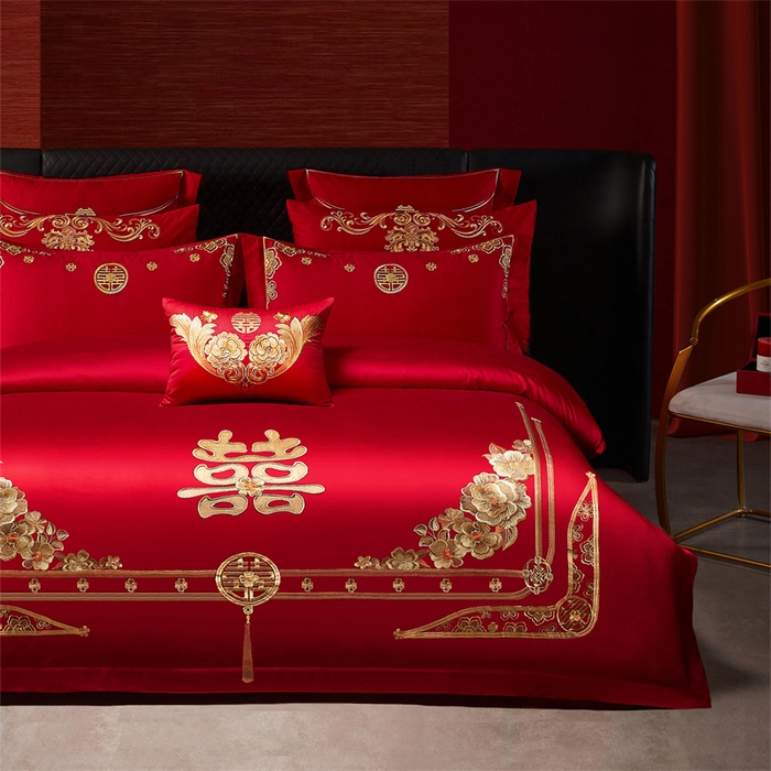 91家纺网 家纺一手货源 找家纺 宏羽纺家纺 2025新款全棉100%全棉新中式婚庆多件套 全棉一嫁娶-金