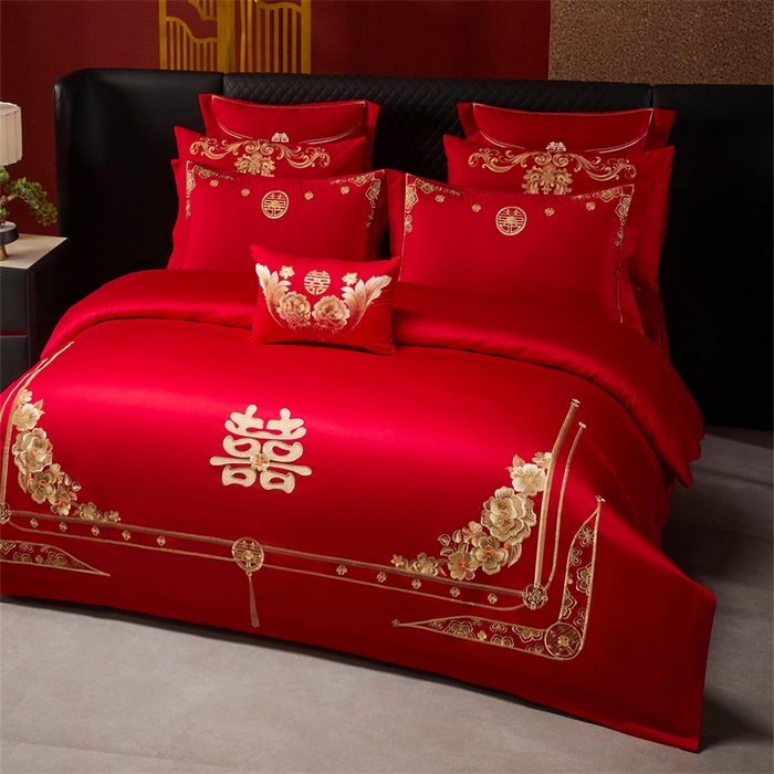 91家纺网 家纺一手货源 找家纺 宏羽纺家纺 2025新款全棉100%全棉新中式婚庆多件套 全棉一嫁娶-金