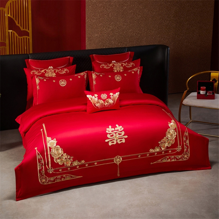 91家纺网 家纺一手货源 找家纺 宏羽纺家纺 2025新款全棉100%全棉新中式婚庆多件套 全棉一嫁娶-金