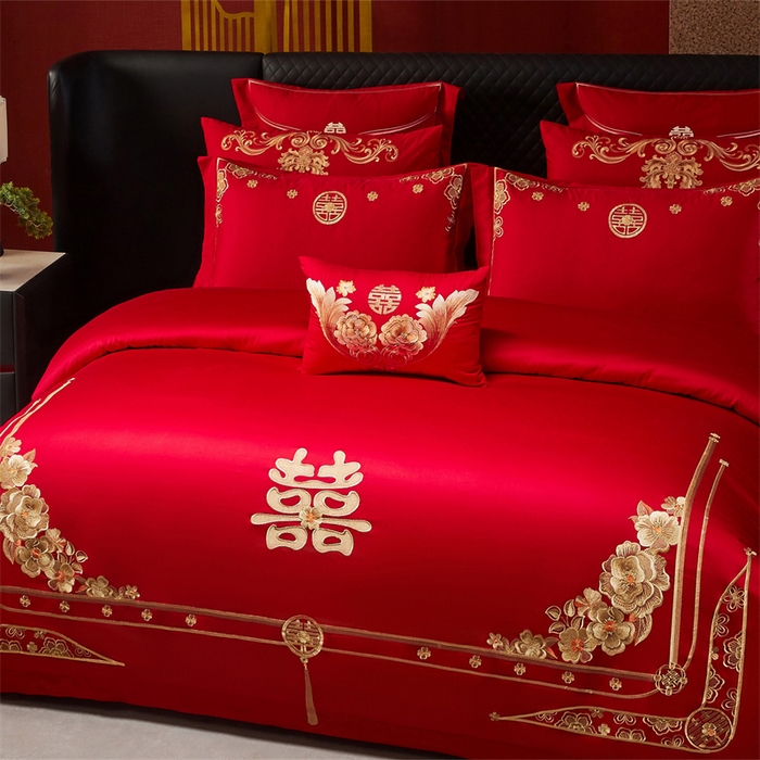 91家纺网 家纺一手货源 找家纺 宏羽纺家纺 2025新款全棉100%全棉新中式婚庆多件套 全棉一嫁娶-金