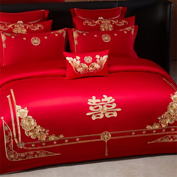 91家纺网 家纺一手货源 找家纺 宏羽纺家纺 2025新款全棉100%全棉新中式婚庆多件套 全棉一嫁娶-金