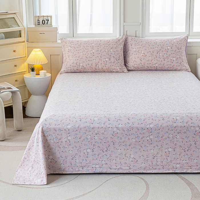 91家纺网 家纺一手货源 找家纺 奇丝雅2025新款A类有氧超柔云感双层纱床单单件学生宿舍家用四季通用床单两件套三件套 紫苏碎花