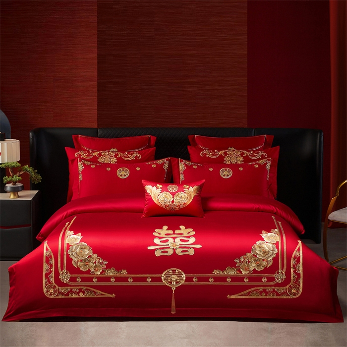 宏羽纺家纺 2025新款全棉100%全棉新中式婚庆多件套 全棉一嫁娶-金