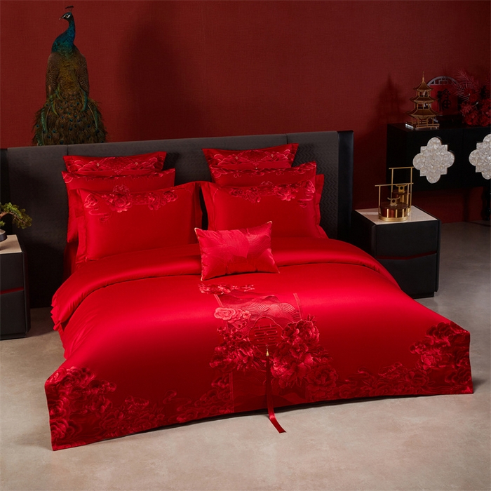 91家纺网 家纺一手货源 找家纺 宏羽纺家纺 2025新款全棉100%全棉新中式婚庆多件套 全棉一花前月下-红