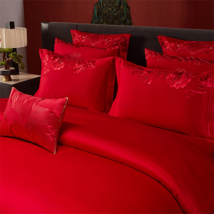 91家纺网 家纺一手货源 找家纺 宏羽纺家纺 2025新款全棉100%全棉新中式婚庆多件套 全棉一花前月下-红