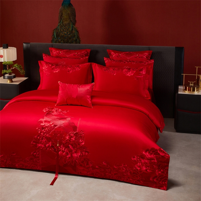 91家纺网 家纺一手货源 找家纺 宏羽纺家纺 2025新款全棉100%全棉新中式婚庆多件套 全棉一花前月下-红