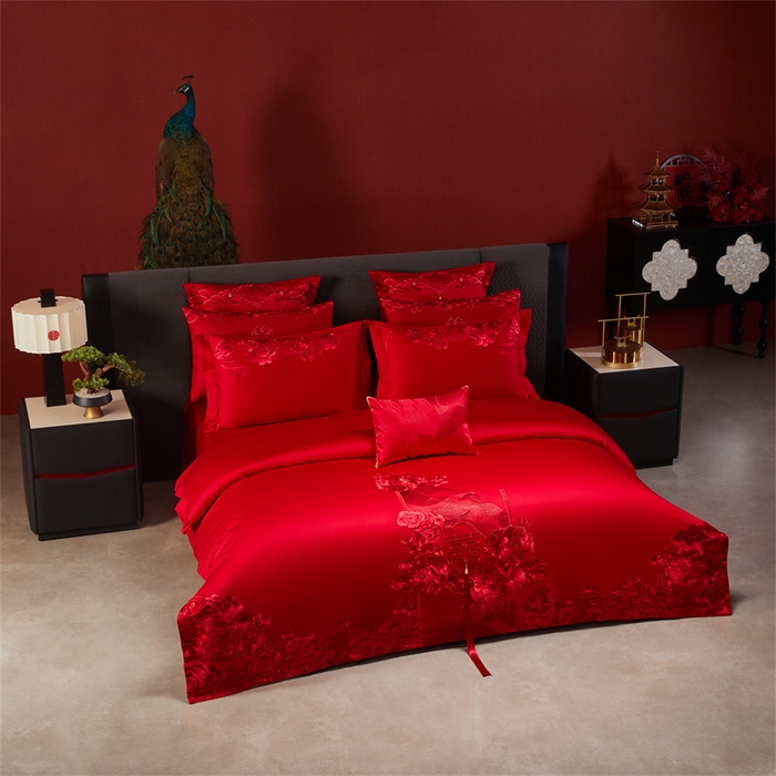 91家纺网 家纺一手货源 找家纺 宏羽纺家纺 2025新款全棉100%全棉新中式婚庆多件套 全棉一花前月下-红