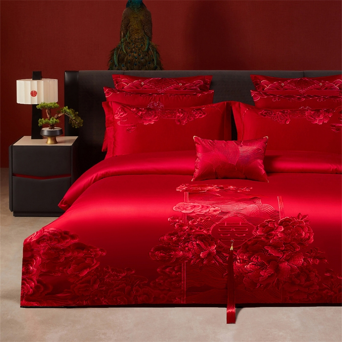 91家纺网 家纺一手货源 找家纺 宏羽纺家纺 2025新款全棉100%全棉新中式婚庆多件套 全棉一花前月下-红