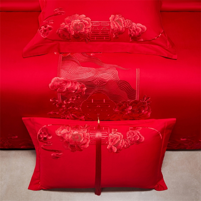 91家纺网 家纺一手货源 找家纺 宏羽纺家纺 2025新款全棉100%全棉新中式婚庆多件套 全棉一花前月下-红