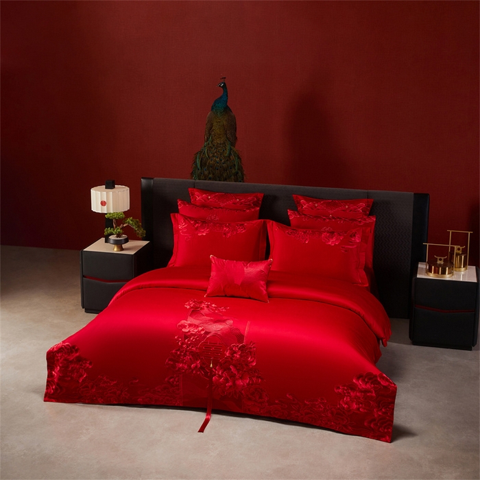 91家纺网 家纺一手货源 找家纺 宏羽纺家纺 2025新款全棉100%全棉新中式婚庆多件套 全棉一花前月下-红