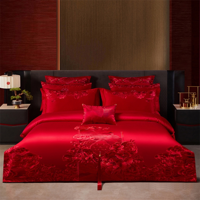 宏羽纺家纺 2025新款全棉100%全棉新中式婚庆多件套 全棉一花前月下-红