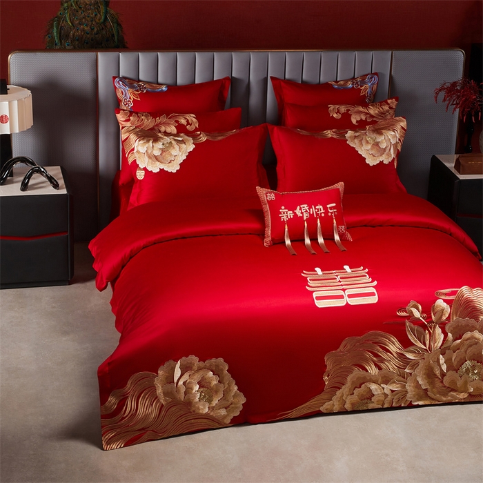 91家纺网 家纺一手货源 找家纺 宏羽纺家纺 2025新款全棉100%全棉新中式婚庆多件套 全棉一花期如梦-金