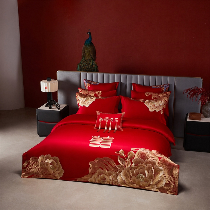 91家纺网 家纺一手货源 找家纺 宏羽纺家纺 2025新款全棉100%全棉新中式婚庆多件套 全棉一花期如梦-金