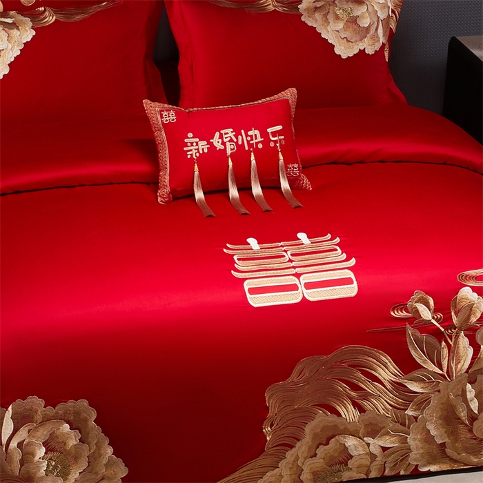 91家纺网 家纺一手货源 找家纺 宏羽纺家纺 2025新款全棉100%全棉新中式婚庆多件套 全棉一花期如梦-金