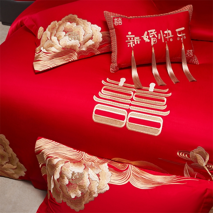 91家纺网 家纺一手货源 找家纺 宏羽纺家纺 2025新款全棉100%全棉新中式婚庆多件套 全棉一花期如梦-金