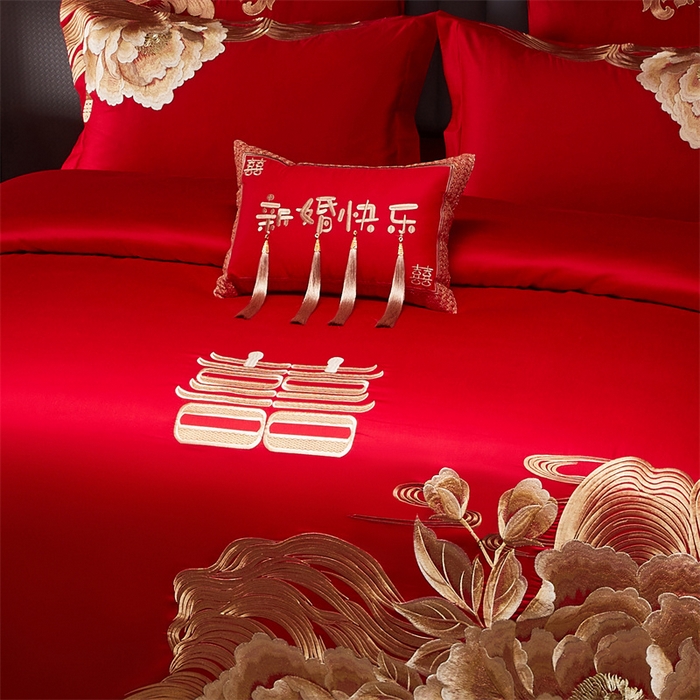 91家纺网 家纺一手货源 找家纺 宏羽纺家纺 2025新款全棉100%全棉新中式婚庆多件套 全棉一花期如梦-金