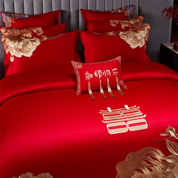 91家纺网 家纺一手货源 找家纺 宏羽纺家纺 2025新款全棉100%全棉新中式婚庆多件套 全棉一花期如梦-金