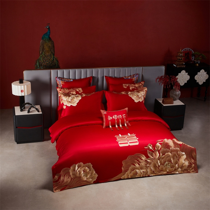 91家纺网 家纺一手货源 找家纺 宏羽纺家纺 2025新款全棉100%全棉新中式婚庆多件套 全棉一花期如梦-金