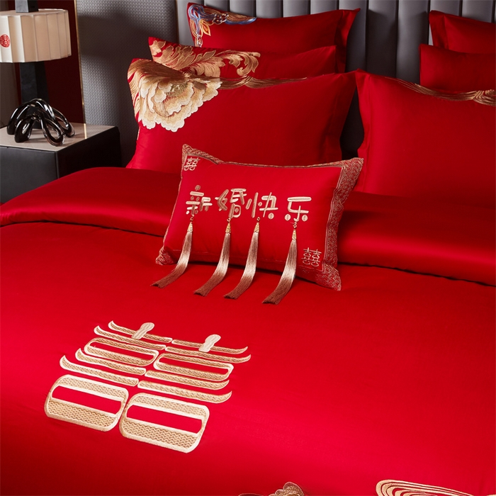 91家纺网 家纺一手货源 找家纺 宏羽纺家纺 2025新款全棉100%全棉新中式婚庆多件套 全棉一花期如梦-金