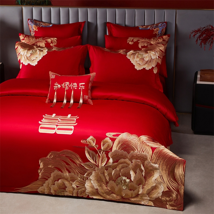 91家纺网 家纺一手货源 找家纺 宏羽纺家纺 2025新款全棉100%全棉新中式婚庆多件套 全棉一花期如梦-金