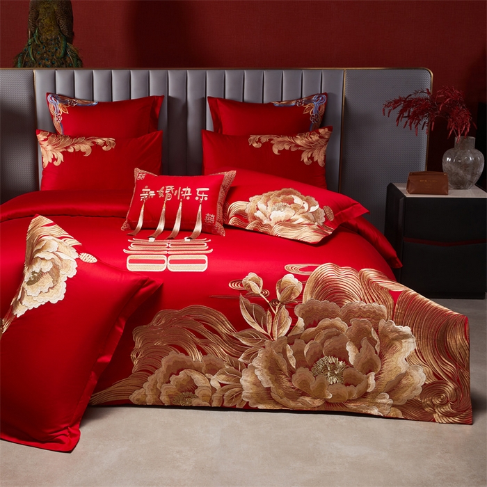 91家纺网 家纺一手货源 找家纺 宏羽纺家纺 2025新款全棉100%全棉新中式婚庆多件套 全棉一花期如梦-金