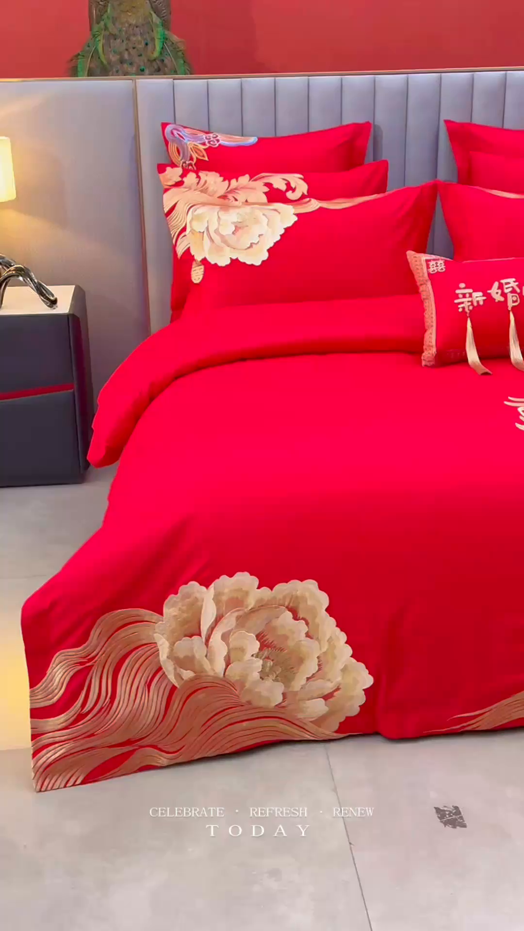 91家纺网 家纺一手货源 找家纺 宏羽纺家纺 2025新款全棉100%全棉新中式婚庆多件套 全棉一花期如梦-金