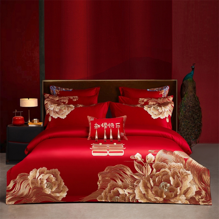 宏羽纺家纺 2025新款全棉100%全棉新中式婚庆多件套 全棉一花期如梦-金