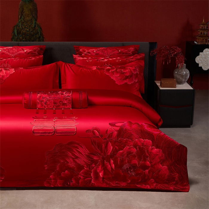 91家纺网 家纺一手货源 找家纺 宏羽纺家纺 2025新款全棉100%全棉新中式婚庆多件套 全棉一花期如梦-红