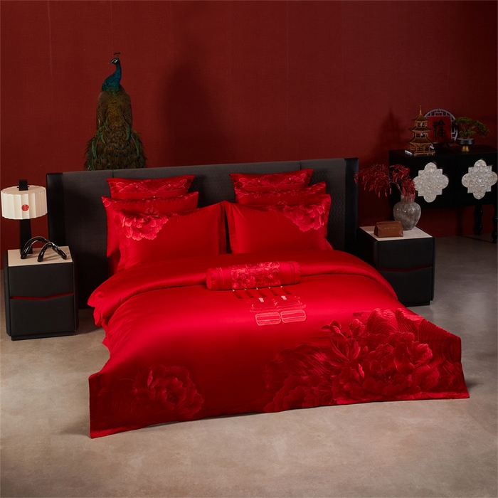 91家纺网 家纺一手货源 找家纺 宏羽纺家纺 2025新款全棉100%全棉新中式婚庆多件套 全棉一花期如梦-红