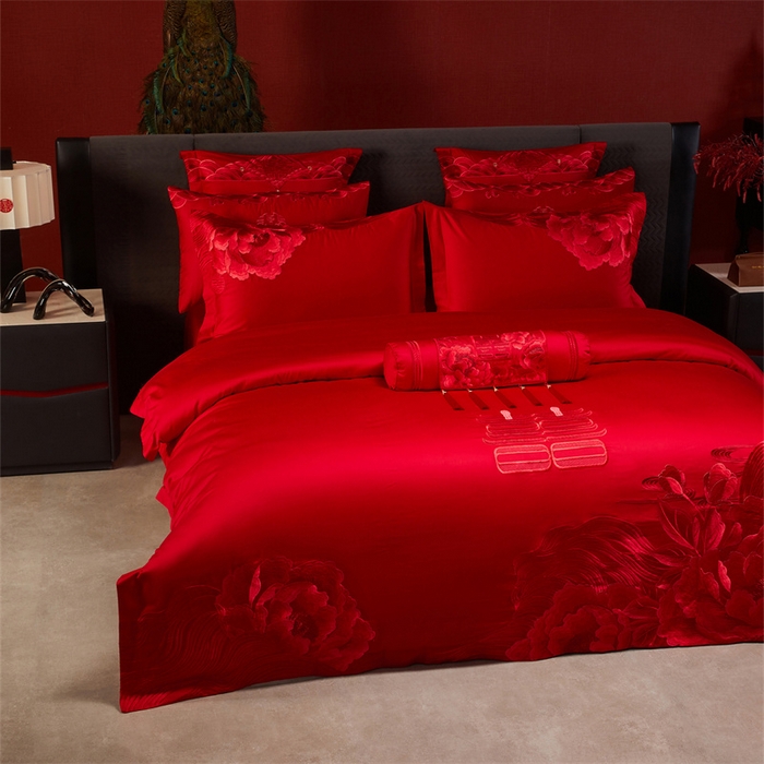 91家纺网 家纺一手货源 找家纺 宏羽纺家纺 2025新款全棉100%全棉新中式婚庆多件套 全棉一花期如梦-红