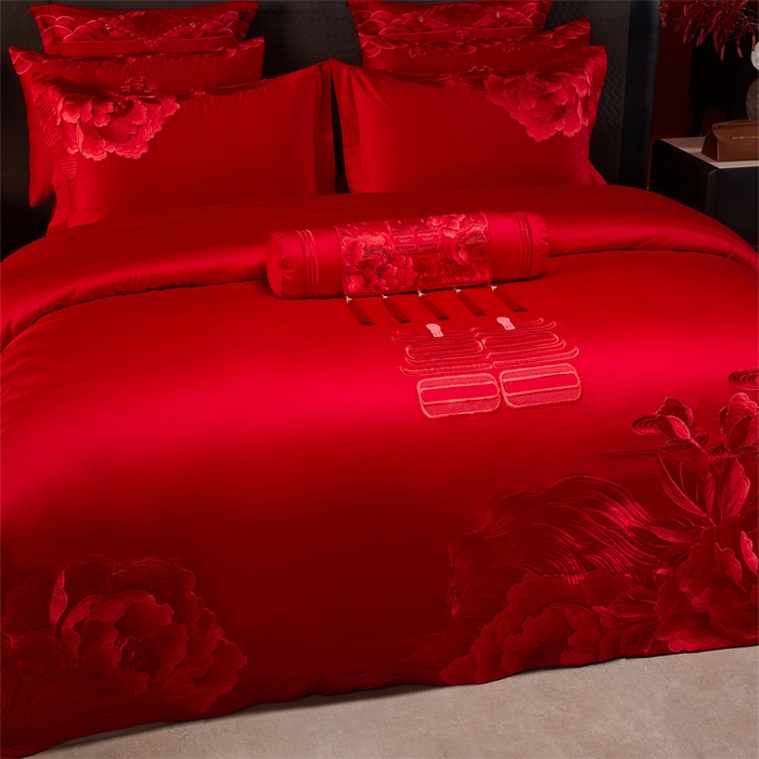 91家纺网 家纺一手货源 找家纺 宏羽纺家纺 2025新款全棉100%全棉新中式婚庆多件套 全棉一花期如梦-红