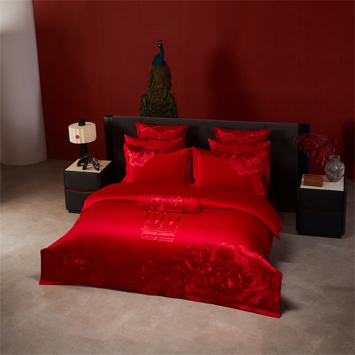 91家纺网 家纺一手货源 找家纺 宏羽纺家纺 2025新款全棉100%全棉新中式婚庆多件套 全棉一花期如梦-红