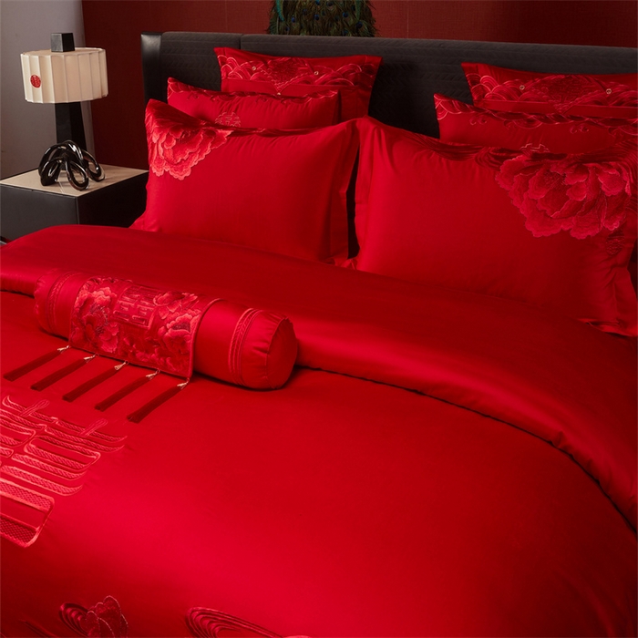 91家纺网 家纺一手货源 找家纺 宏羽纺家纺 2025新款全棉100%全棉新中式婚庆多件套 全棉一花期如梦-红