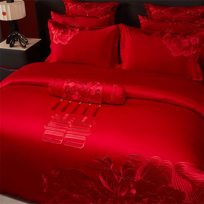 91家纺网 家纺一手货源 找家纺 宏羽纺家纺 2025新款全棉100%全棉新中式婚庆多件套 全棉一花期如梦-红