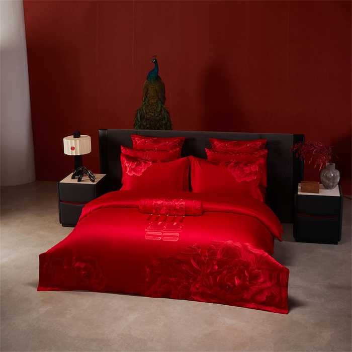 91家纺网 家纺一手货源 找家纺 宏羽纺家纺 2025新款全棉100%全棉新中式婚庆多件套 全棉一花期如梦-红