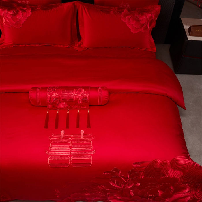 91家纺网 家纺一手货源 找家纺 宏羽纺家纺 2025新款全棉100%全棉新中式婚庆多件套 全棉一花期如梦-红