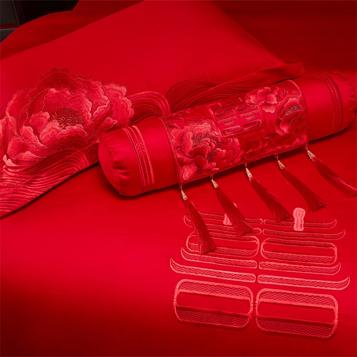 91家纺网 家纺一手货源 找家纺 宏羽纺家纺 2025新款全棉100%全棉新中式婚庆多件套 全棉一花期如梦-红