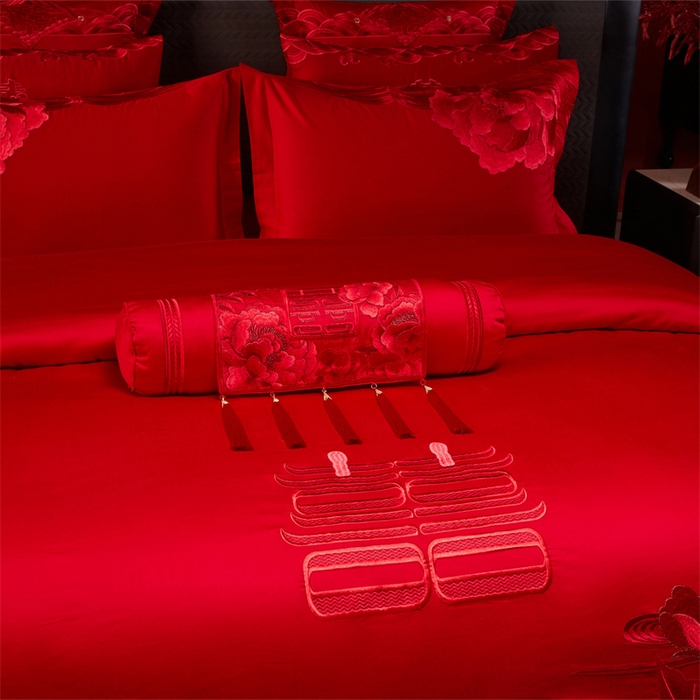 91家纺网 家纺一手货源 找家纺 宏羽纺家纺 2025新款全棉100%全棉新中式婚庆多件套 全棉一花期如梦-红