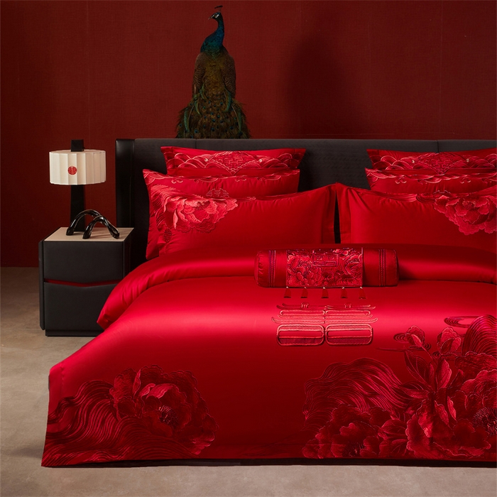 91家纺网 家纺一手货源 找家纺 宏羽纺家纺 2025新款全棉100%全棉新中式婚庆多件套 全棉一花期如梦-红