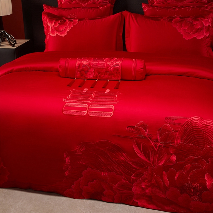 91家纺网 家纺一手货源 找家纺 宏羽纺家纺 2025新款全棉100%全棉新中式婚庆多件套 全棉一花期如梦-红