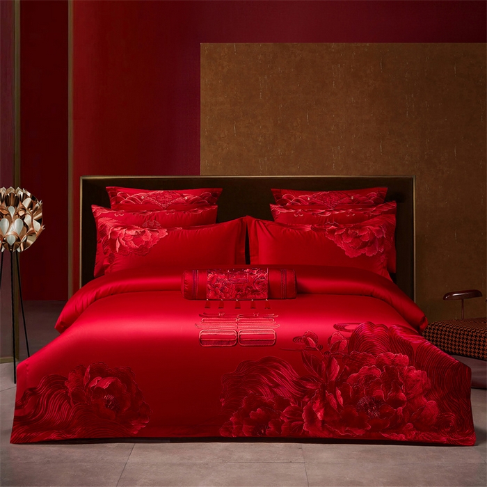 宏羽纺家纺 2025新款全棉100%全棉新中式婚庆多件套 全棉一花期如梦-红