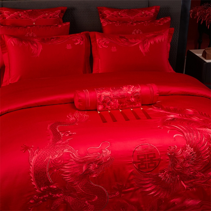 91家纺网 家纺一手货源 找家纺 宏羽纺家纺 2025新款全棉100%全棉新中式婚庆多件套 全棉一凤舞龙跃-红