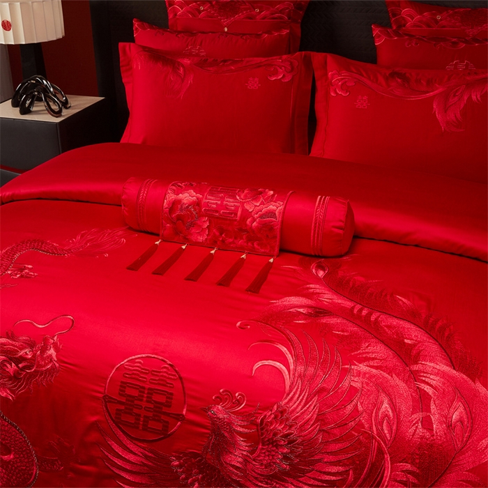 91家纺网 家纺一手货源 找家纺 宏羽纺家纺 2025新款全棉100%全棉新中式婚庆多件套 全棉一凤舞龙跃-红