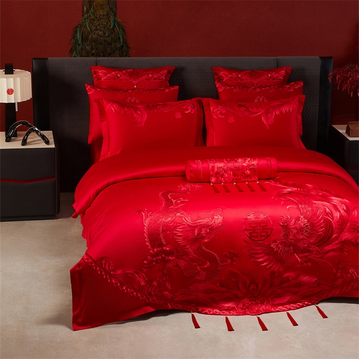 91家纺网 家纺一手货源 找家纺 宏羽纺家纺 2025新款全棉100%全棉新中式婚庆多件套 全棉一凤舞龙跃-红